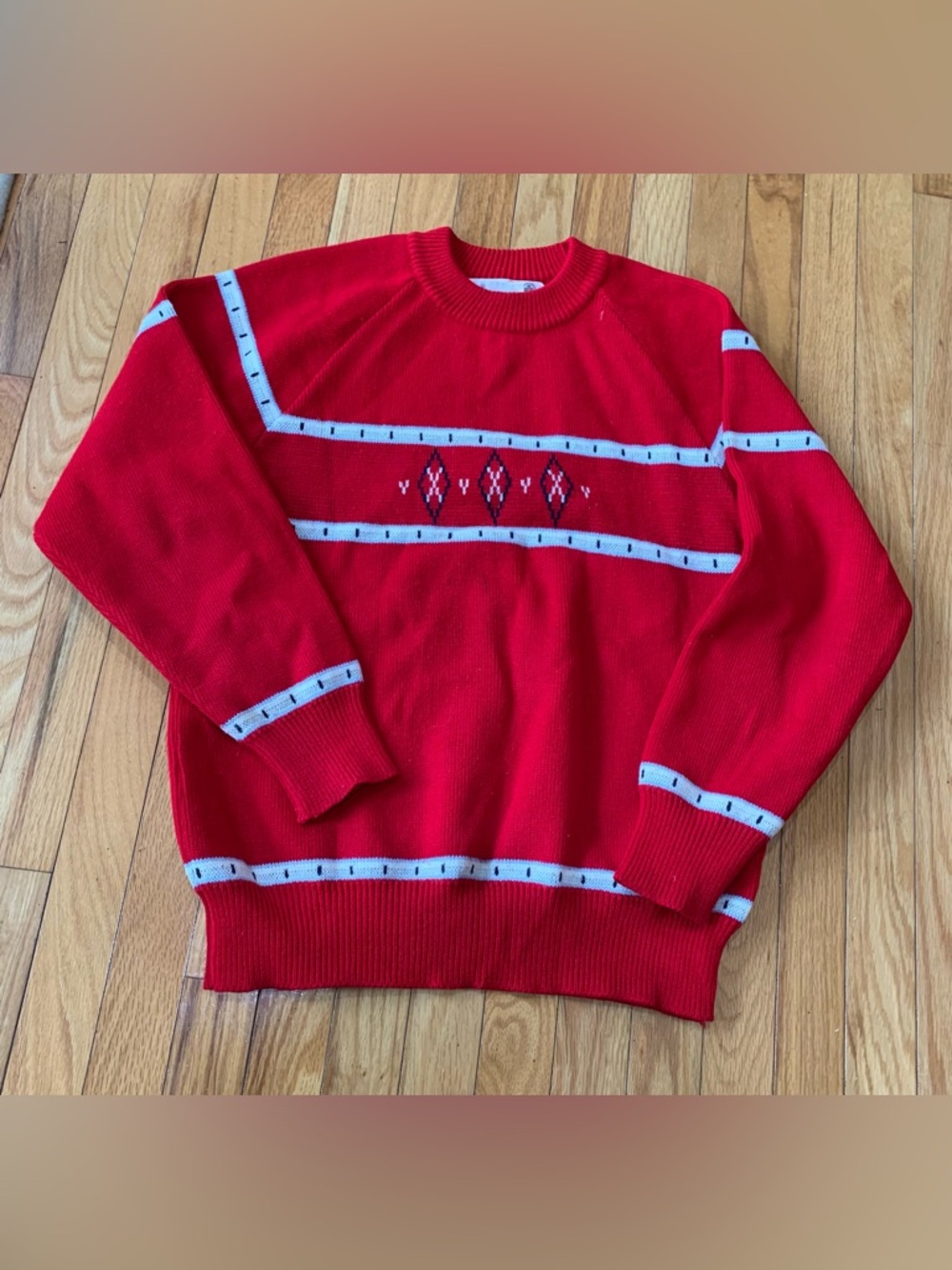 Red Crewneck Sweater with Contrast Stripe and Diamond Knit